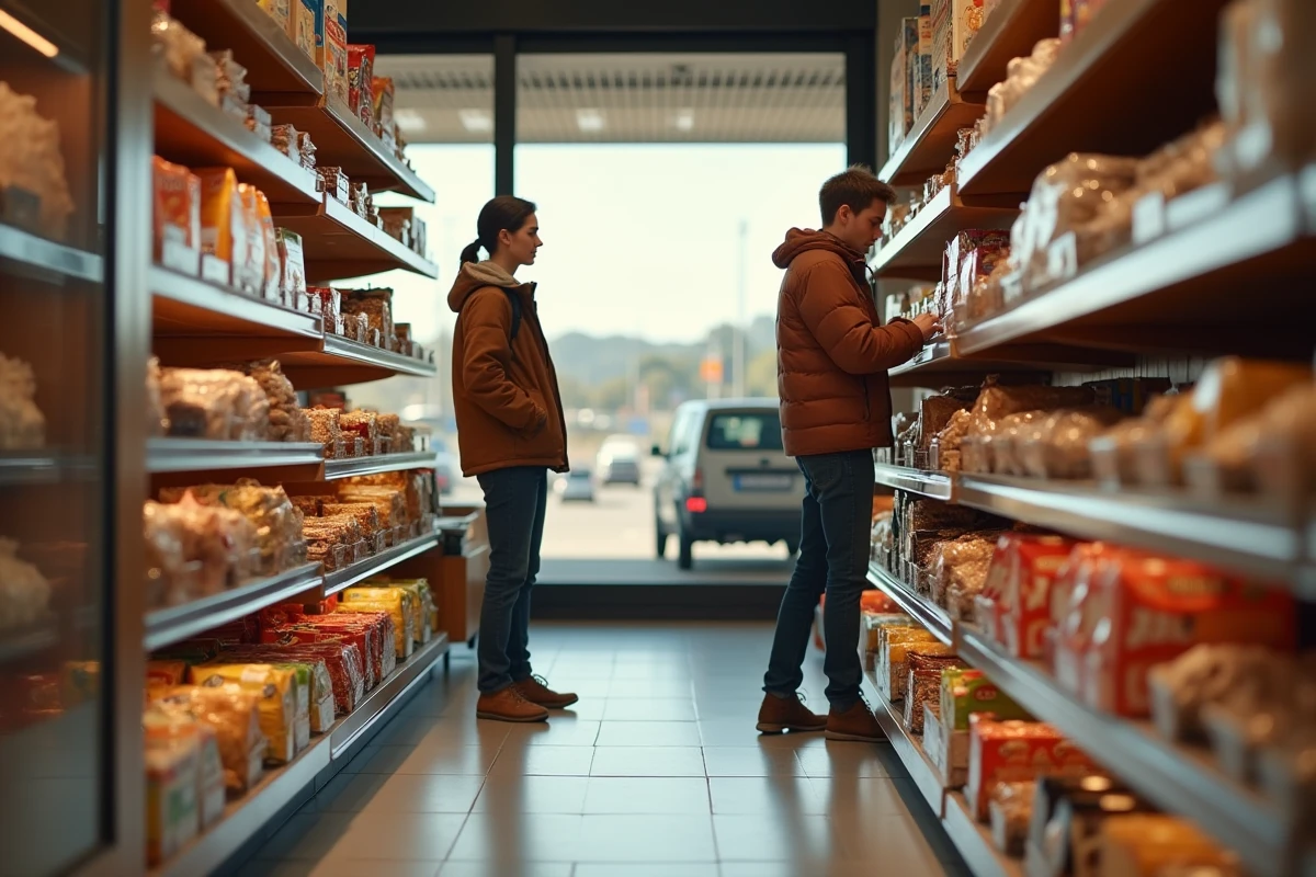 Jeune couple choisissant des snacks dans une station service moderne