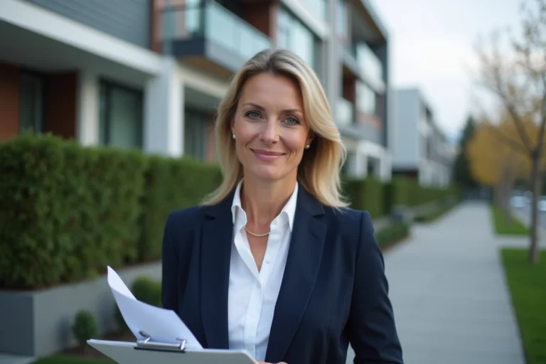 Agent immobilière professionnelle devant un immeuble résidentiel moderne dans un quartier urbain