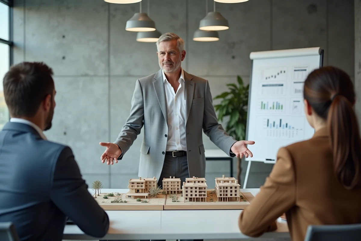 Agent immobilier présentant une maquette de projet à des investisseurs dans une salle de réunion moderne