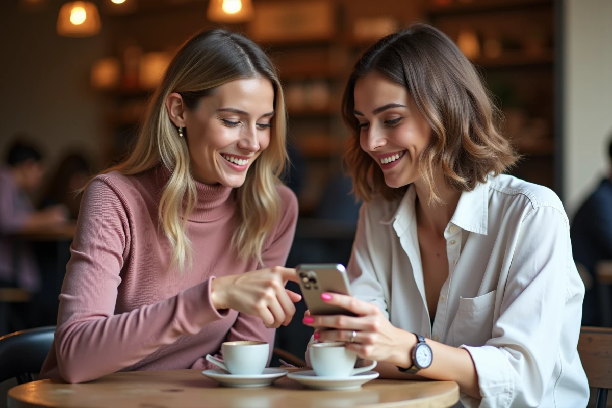 Deux amies découvrant ensemble le plan de navigation d'un site beauté dans un café