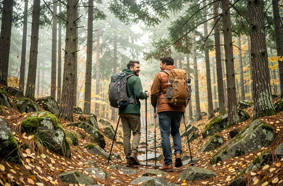 Deux amis randonnant en forêt en automne pour profiter de leur temps libre