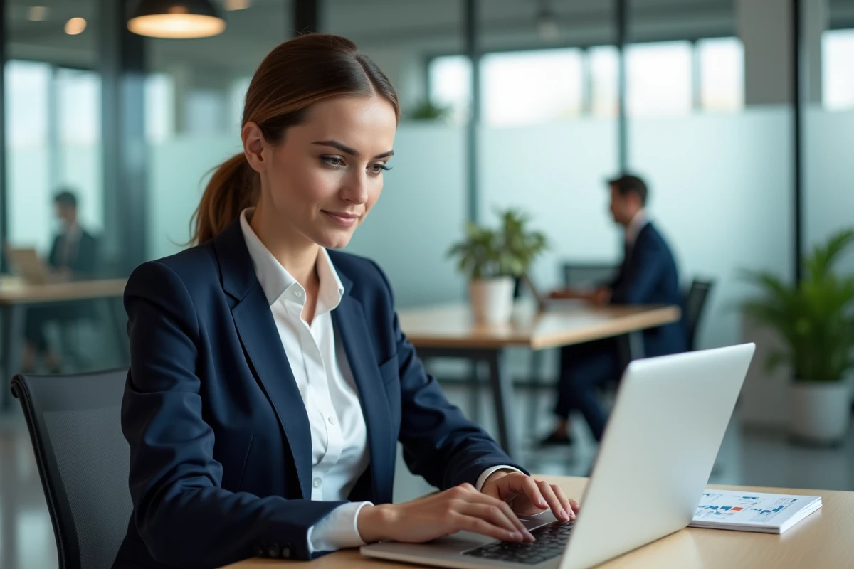 Femme d'affaires analysant les données de l'indice BT47 sur un ordinateur portable en bureau moderne