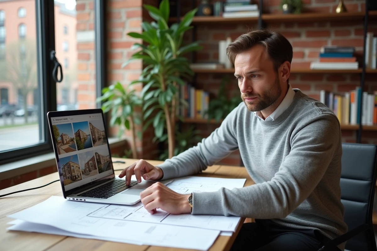Homme analysant des plans immobiliers et des annonces en ligne dans un bureau à domicile moderne