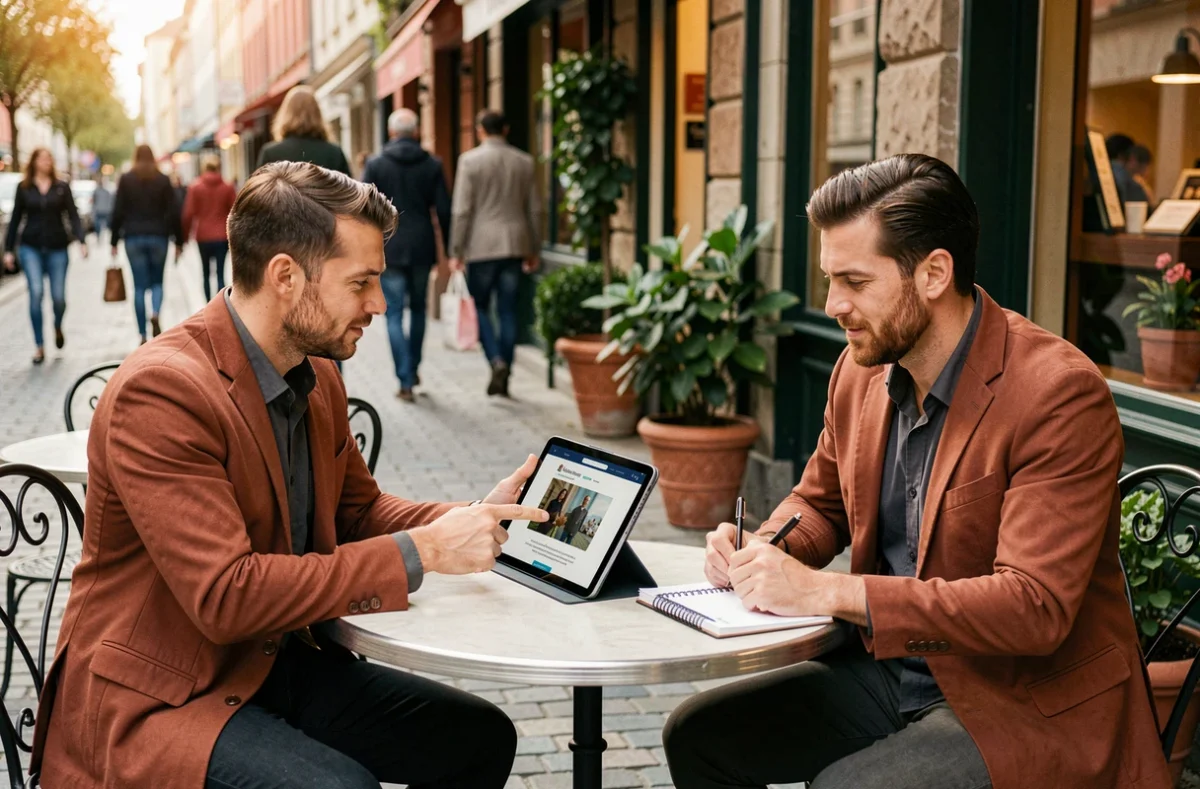 Deux associés discutant d'une stratégie de business en ligne autour d'une tablette numérique dans un café urbain animé