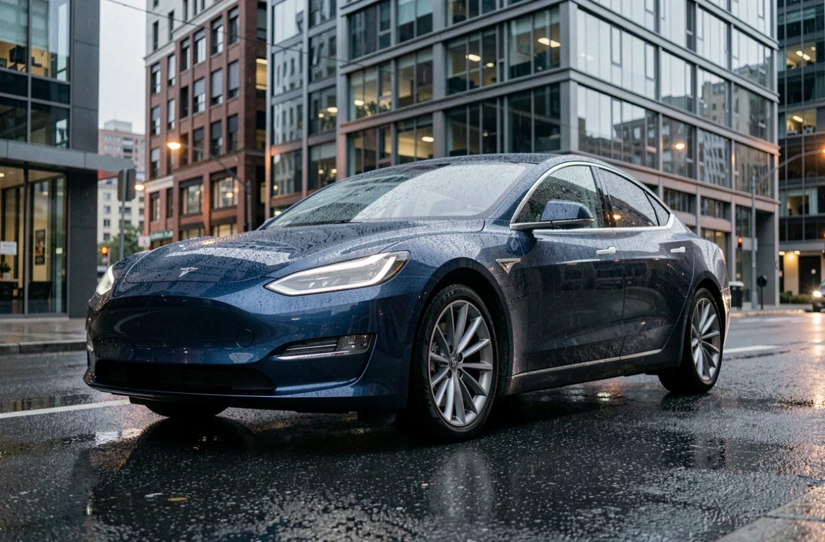 Berline électrique moderne garée dans une rue urbaine sous la pluie au crépuscule, reflets sur la carrosserie bleue métallisée