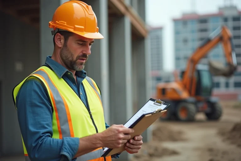Chef de chantier examinant des documents liés à l'indice BT47 sur un site de construction actif