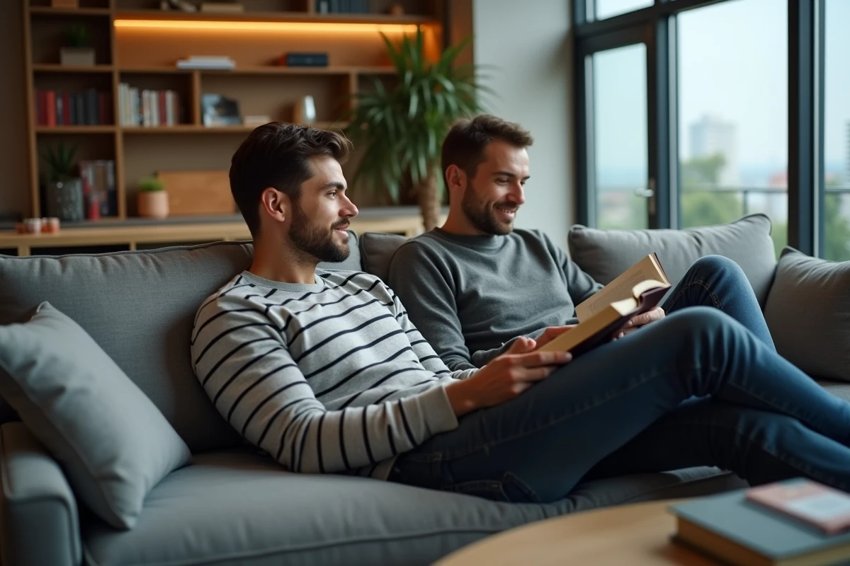 Deux hommes détendus dans leur appartement moderne, illustrant leur vie privée et leur quotidien partagé