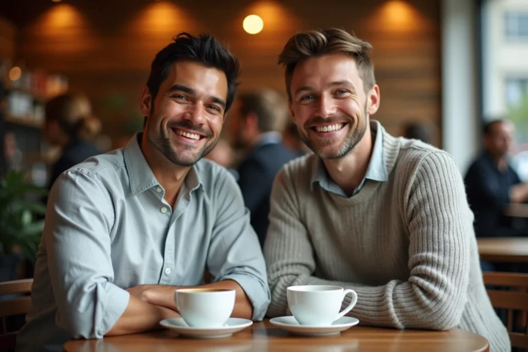 Deux hommes souriants partageant un moment complice autour d'un café dans un bistrot parisien chaleureux