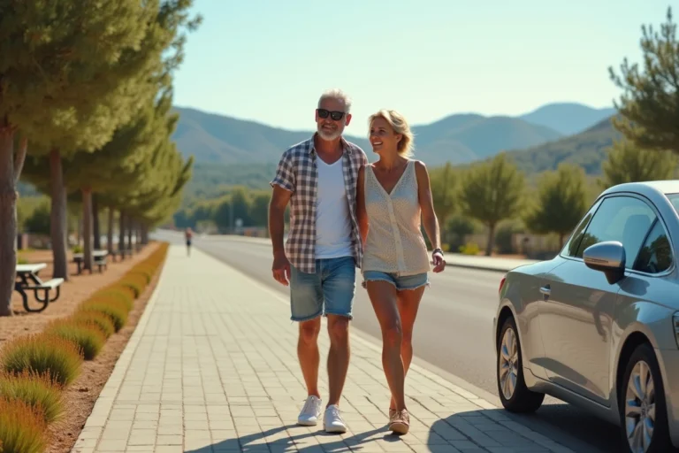 Couple souriant au bord de leur voiture sur une aire de repos en Espagne