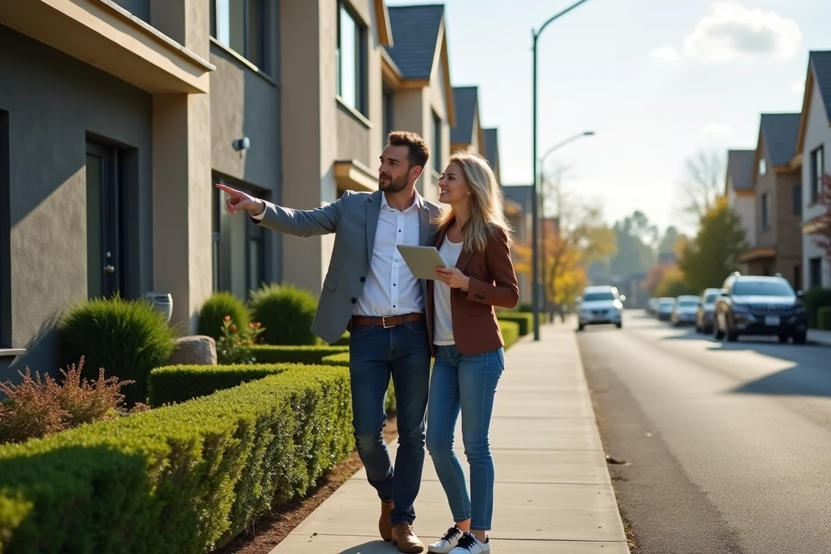 Couple visitant un immeuble résidentiel moderne pour un projet d'investissement immobilier en 2024