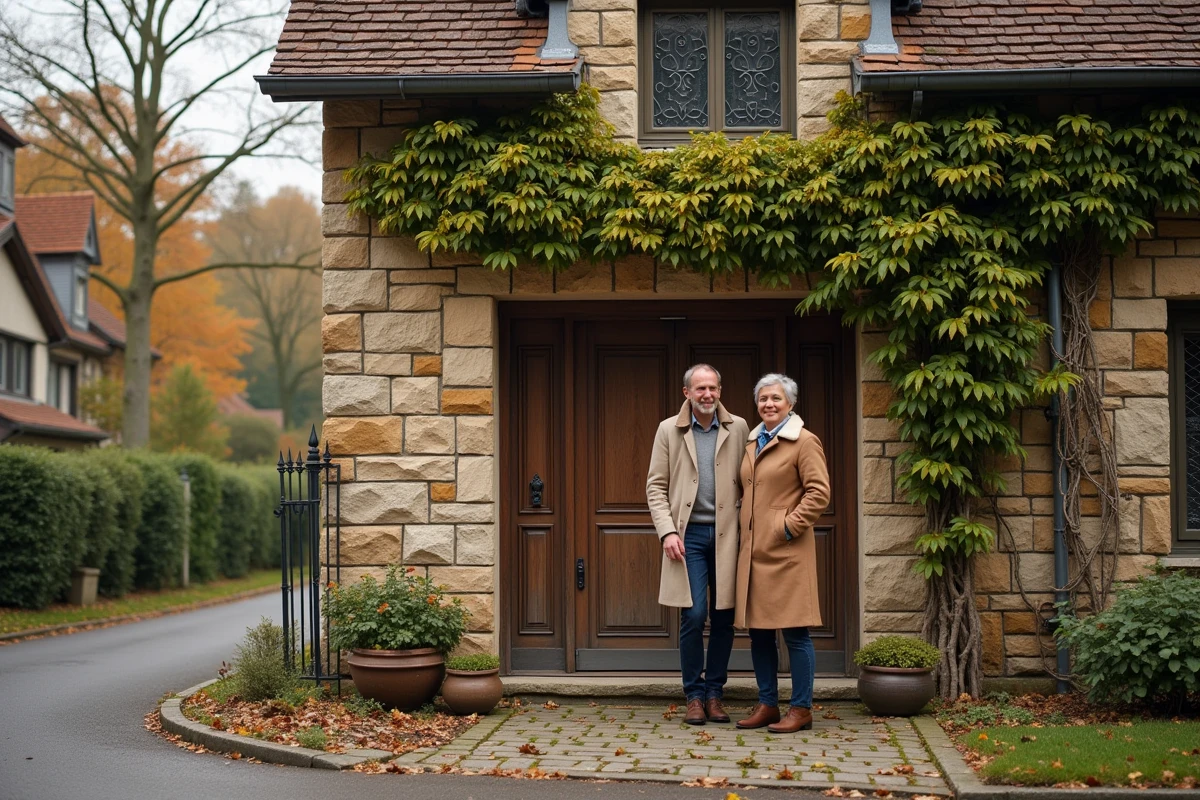 Couple visitant une maison en pierre traditionnelle française dans un quartier résidentiel en automne