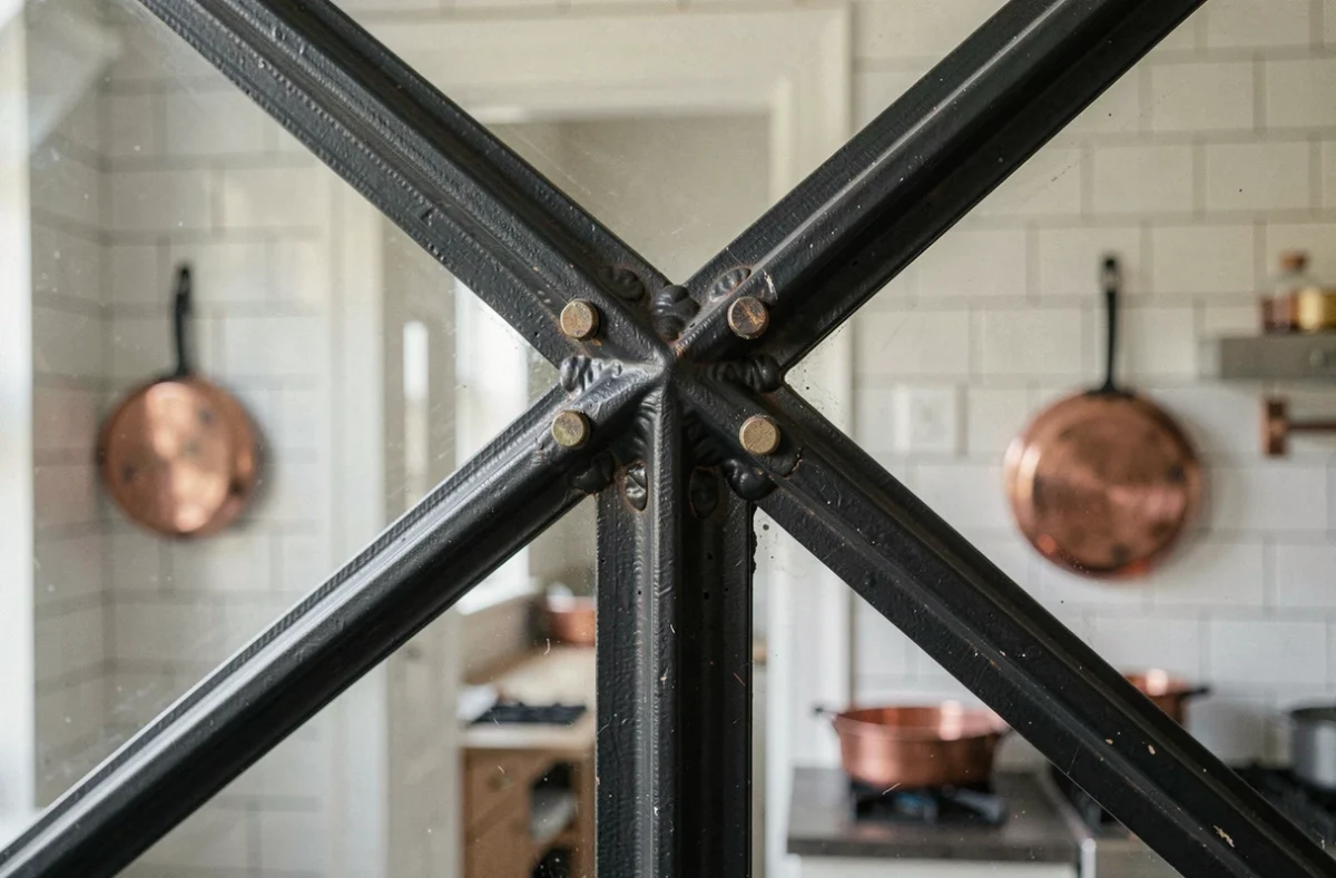 Détail de l'assemblage en acier d'une verrière Art Déco avec quincaillerie en laiton et verre biseauté