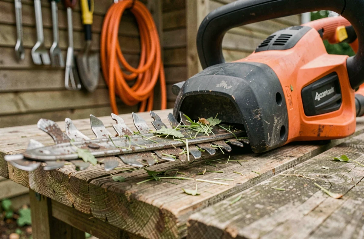 Gros plan sur les lames d'un taille-haie électrique posé sur un établi de jardin avec des débris de feuilles