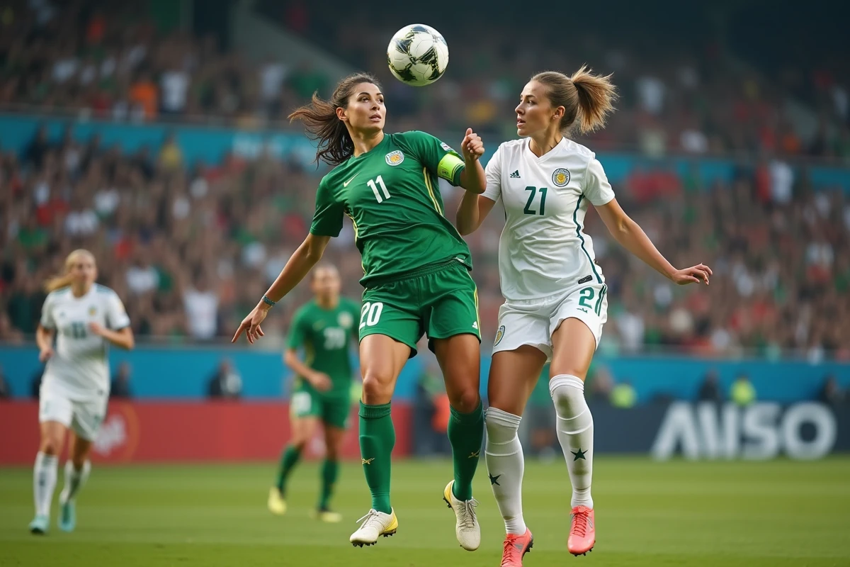 Duel aérien entre deux joueuses de football féminin lors d'un match officiel dans un stade professionnel rempli de supporters
