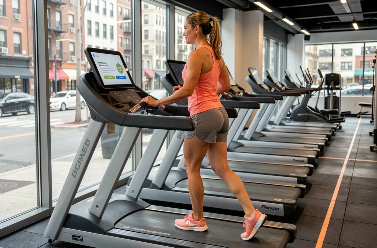 Femme s'entraînant sur tapis de course dans une salle Basic Fit avec interface d'abonnement visible