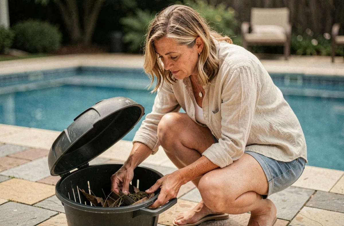 Femme entretenant le panier de skimmer d'une piscine pour maintenir une eau propre