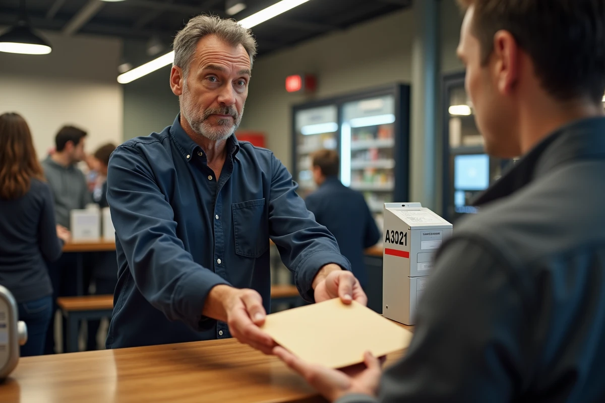 Homme envoyant une enveloppe de documents à Pôle emploi dans un bureau de poste français