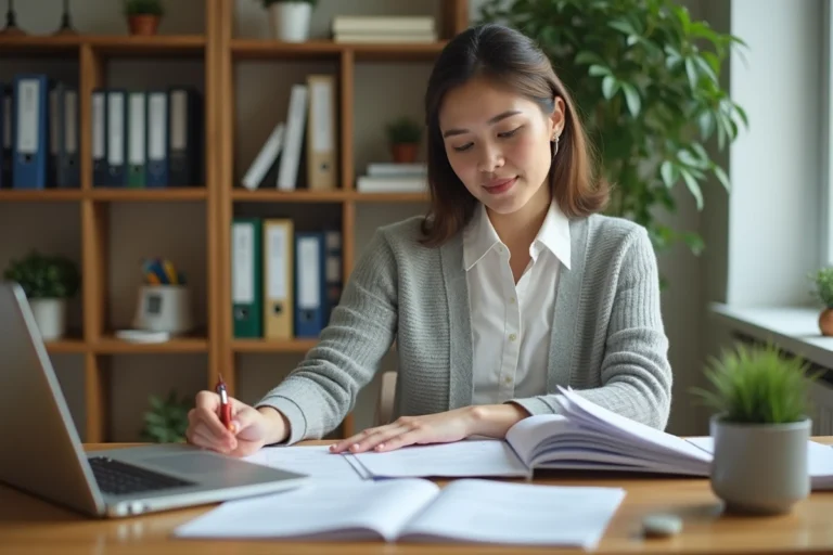 Femme organisant des documents administratifs pour un envoi à Pôle emploi depuis son bureau à domicile