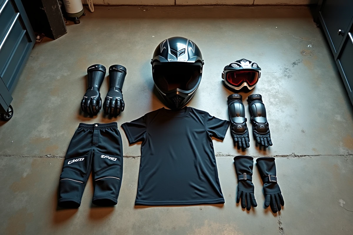 Équipements de motocross disposés au sol en atelier : casque, gants, genouillères et maillot