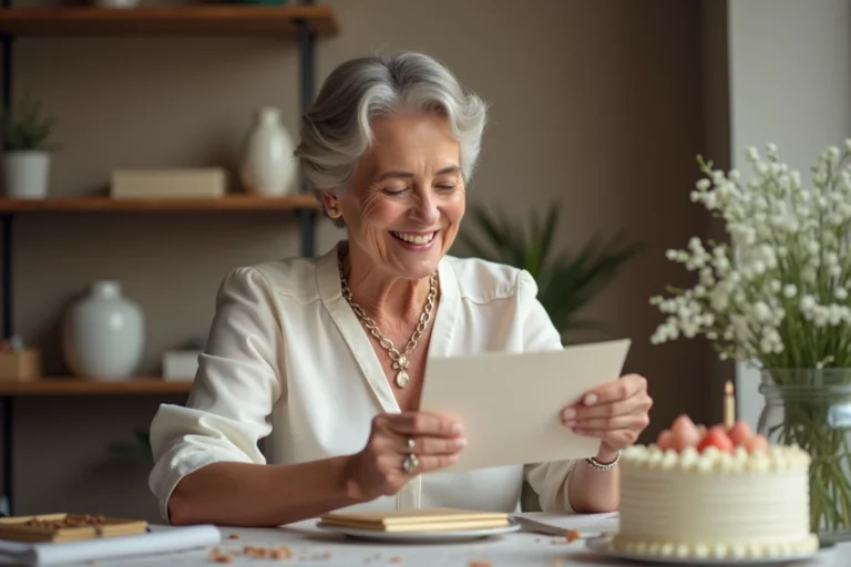 Femme souriante ouvrant une carte d anniversaire chaleureusement