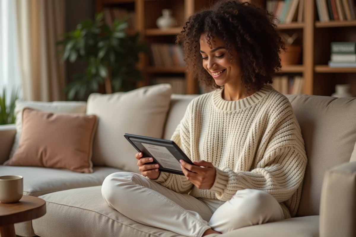Femme détendue consultant le plan d'un site beauté sur une tablette dans son salon cosy