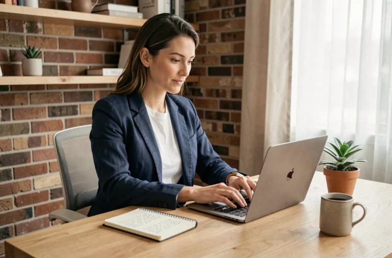 Femme entrepreneur travaillant sur son ordinateur portable dans un bureau à domicile moderne et lumineux pour développer son business en ligne en 2024