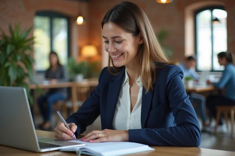 Femme professionnelle suivant une formation en ligne dans un espace de coworking moderne, prenant des notes sur un carnet