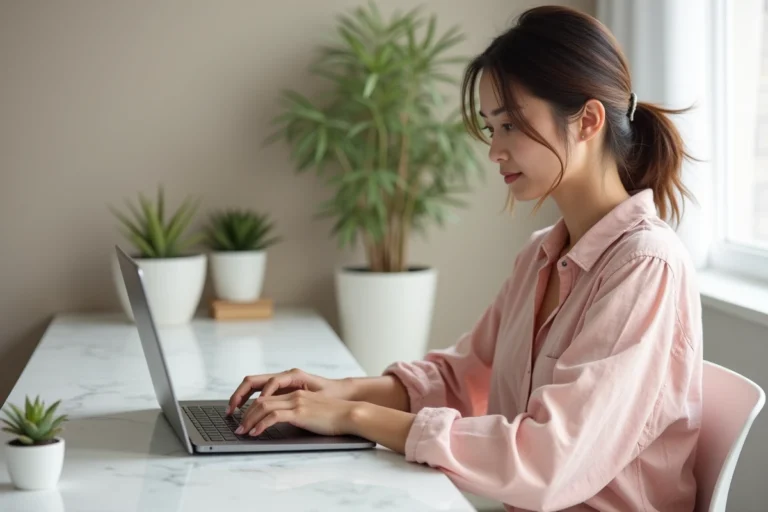 Jeune femme naviguant sur un site de beauté depuis son bureau minimaliste avec un ordinateur portable