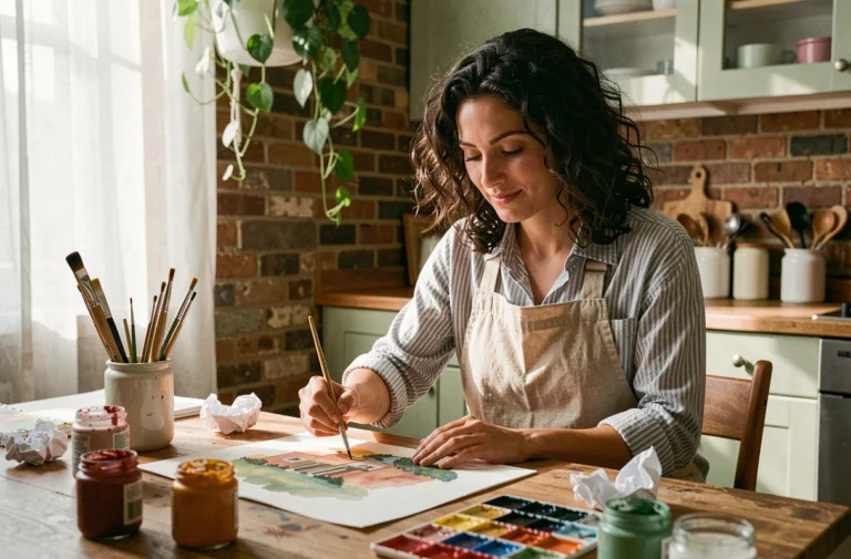 Femme peignant à l'aquarelle dans un appartement cosy pendant son temps libre
