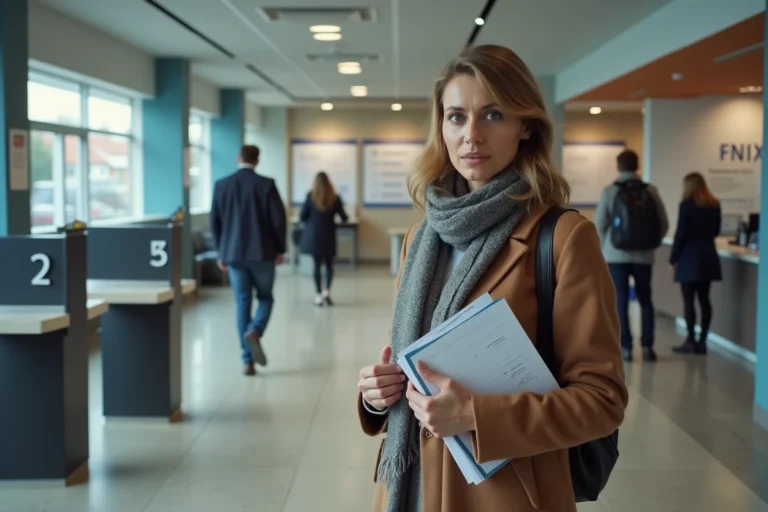 Femme dans un bureau de poste avec documents officiels