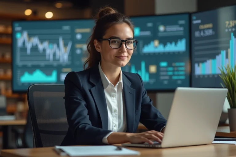 Jeune femme professionnelle en bureau moderne travaillant sur un ordinateur