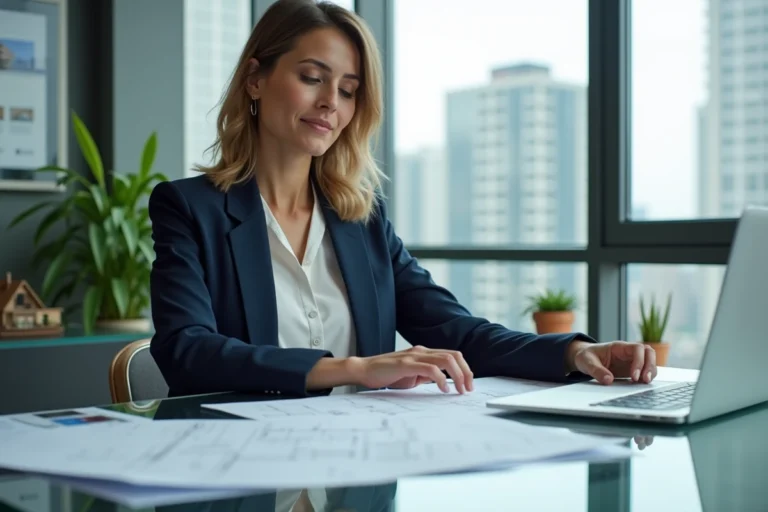 Femme professionnelle analysant des documents immobiliers dans un bureau moderne avec vue sur la ville