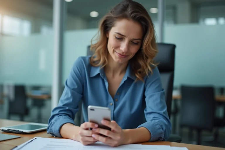Jeune femme professionnelle utilisant son smartphone au bureau