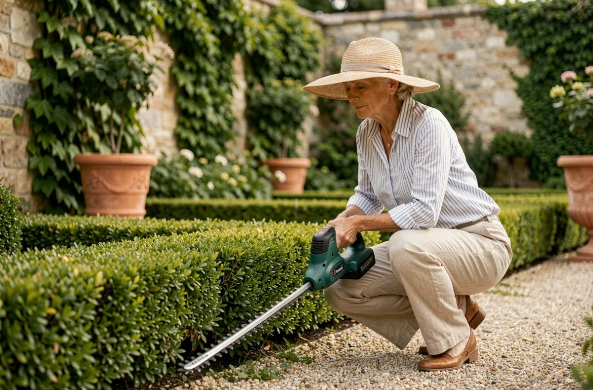 Femme âgée utilisant un taille-haie électrique sans fil pour entretenir une haie de buis dans un jardin de style provençal