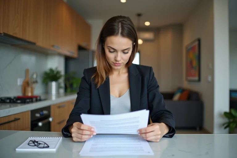 Femme professionnelle vérifiant documents de location