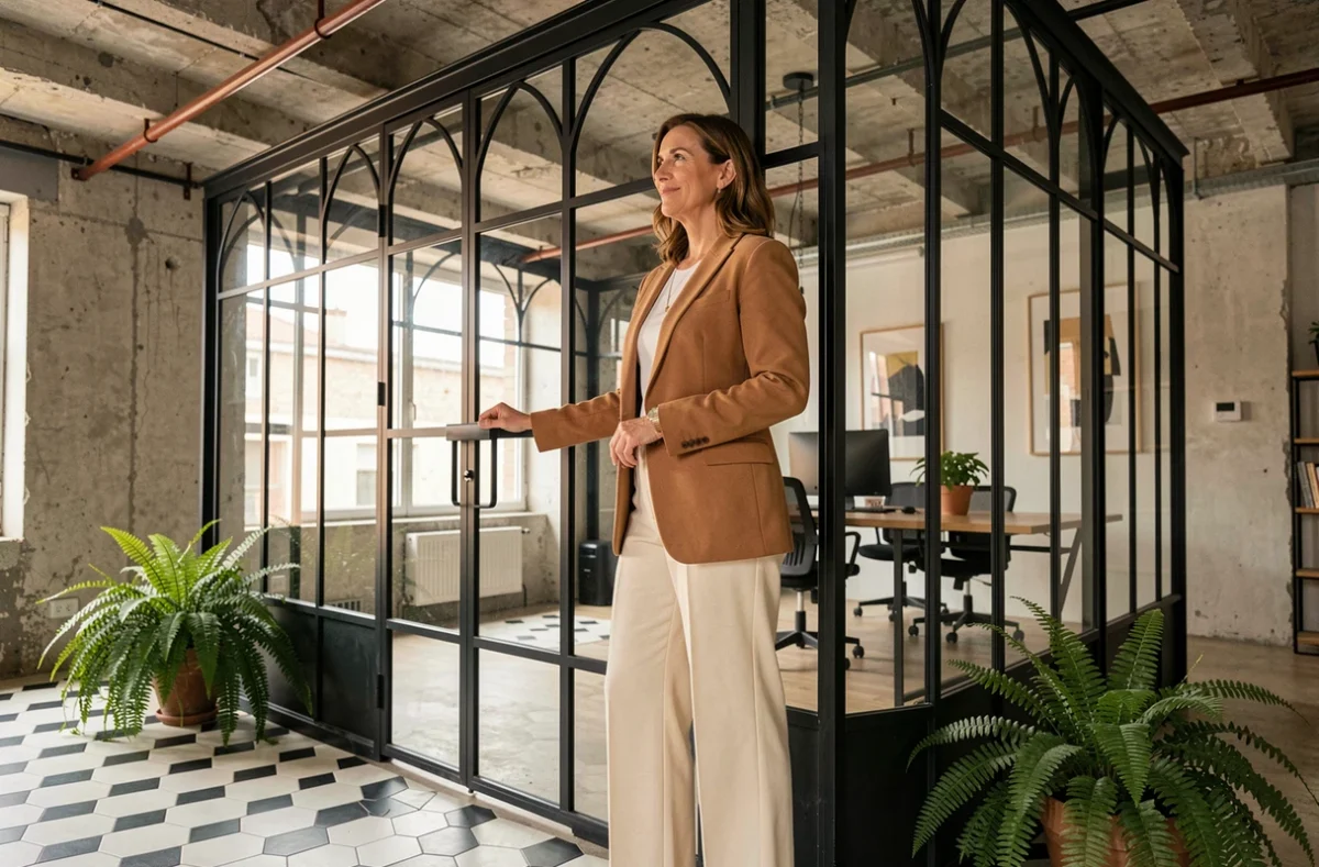 Femme élégante posant devant une verrière intérieure Art Déco dans un loft industriel rénové