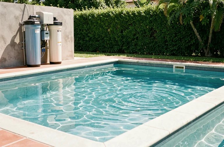 Système de filtration de piscine résidentielle avec eau claire turquoise en été