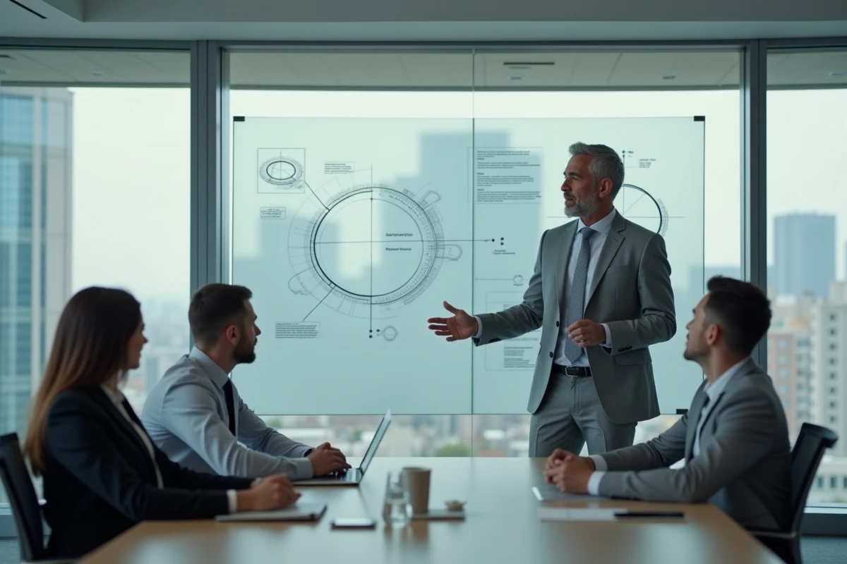 Formateur professionnel présentant une stratégie à une équipe lors d'une session de formation en salle de réunion d'entreprise