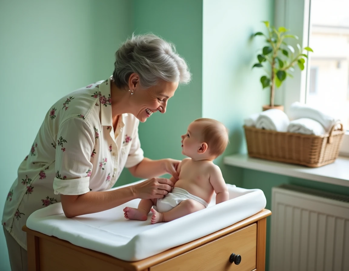 Grand-mère changeant la couche de son petit-enfant avec tendresse dans une chambre de bébé pastel