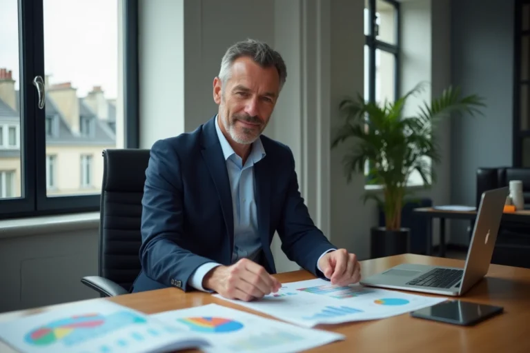 Homme d'affaires en costume regardant des graphiques économiques