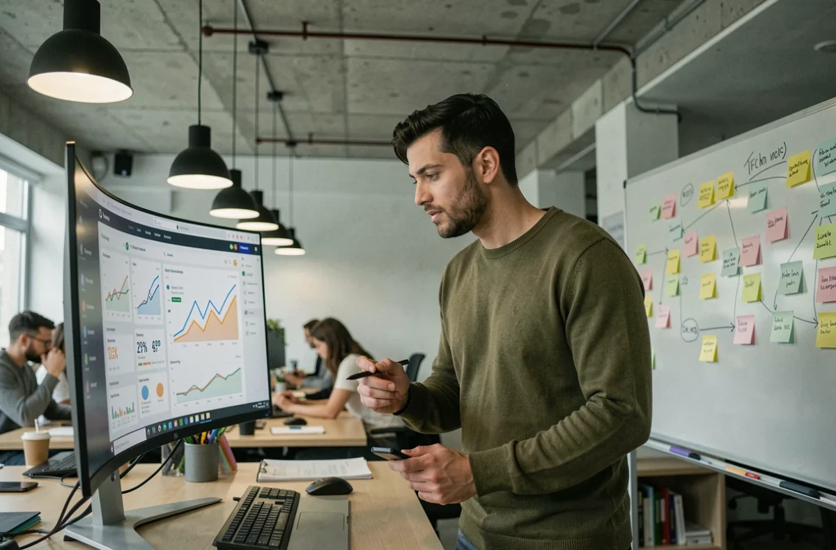 Homme analysant des statistiques e-commerce sur un grand écran dans un espace de coworking pour optimiser son activité en ligne