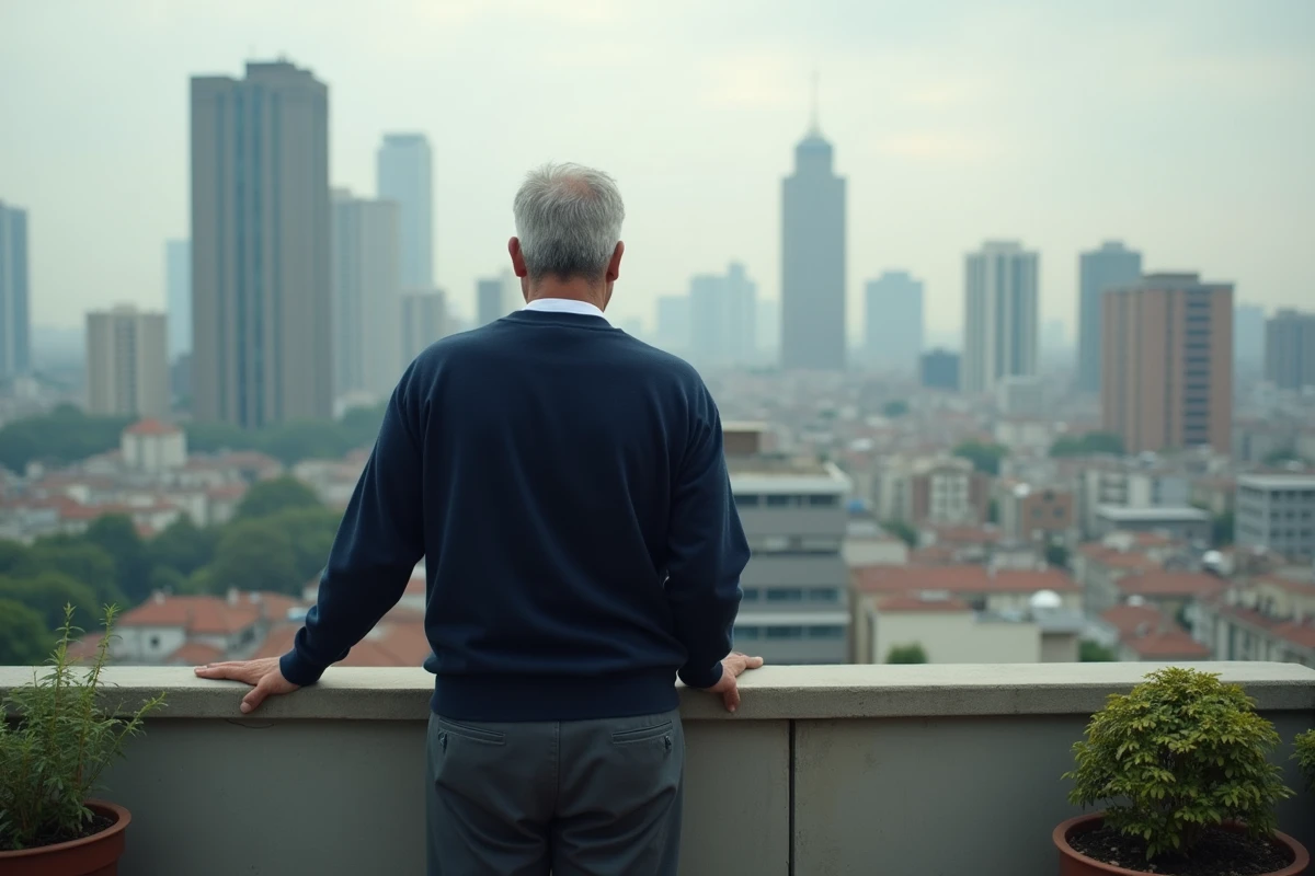 Homme détendu regardant la ville depuis un balcon urbain