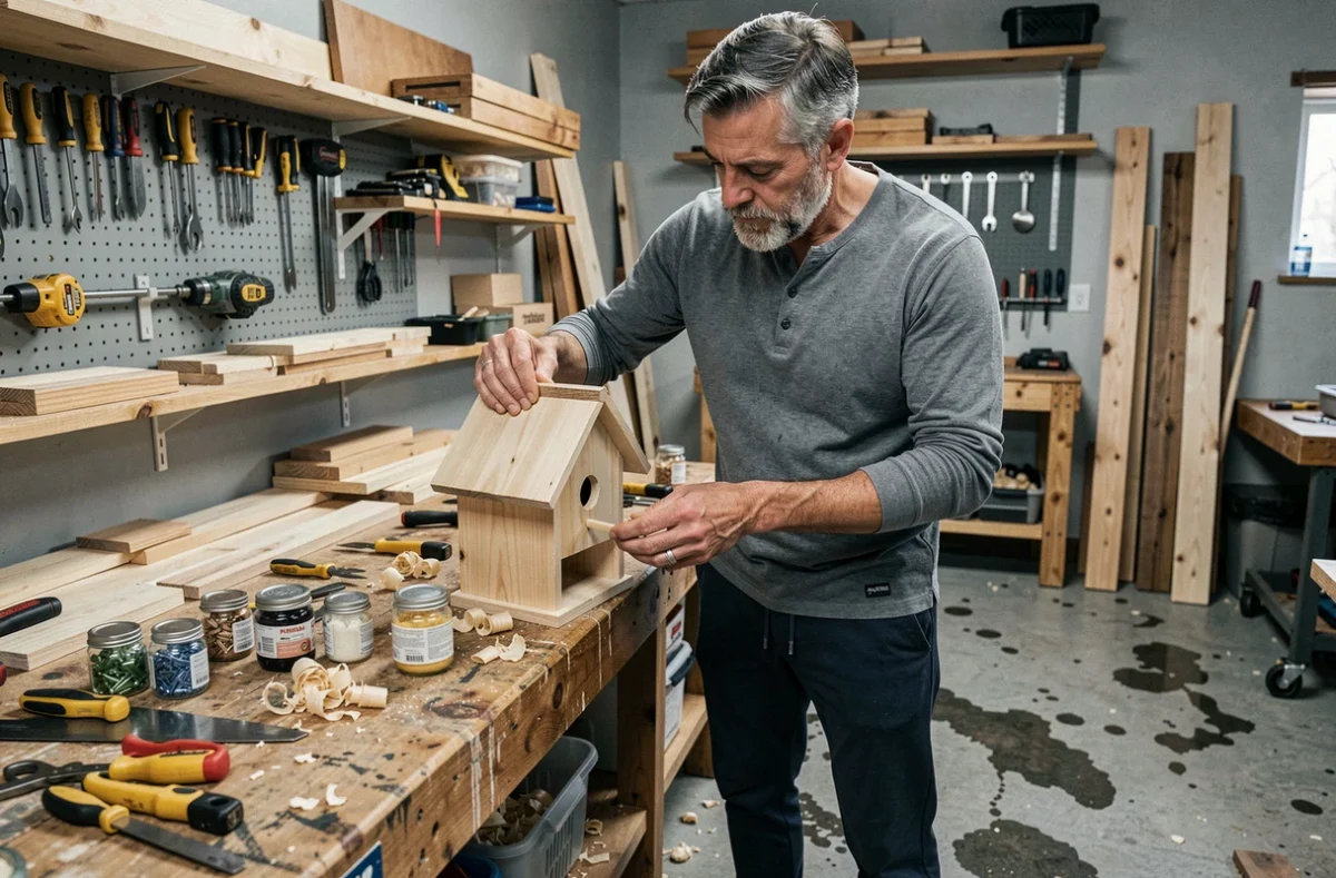 Homme assemblant une cabane en bois dans un atelier garage pendant ses loisirs