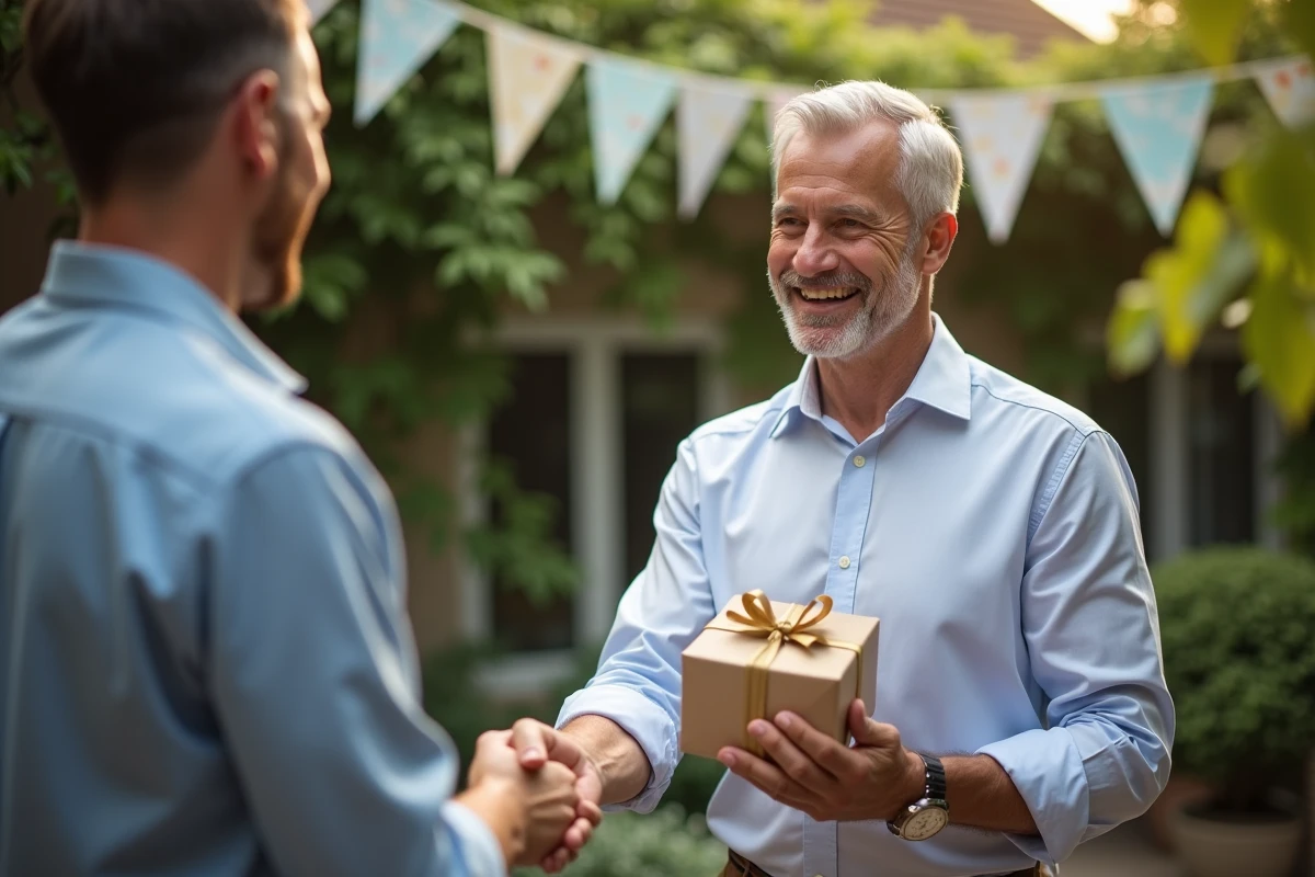 Homme souriant avec cadeau lors d une fête dans le jardin