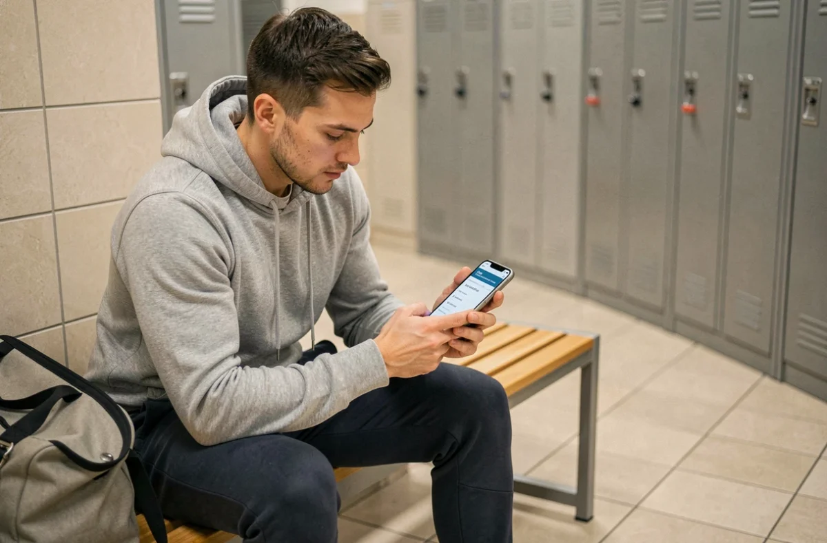 Homme consultant les prix d'un abonnement fitness sur son smartphone en vestiaire