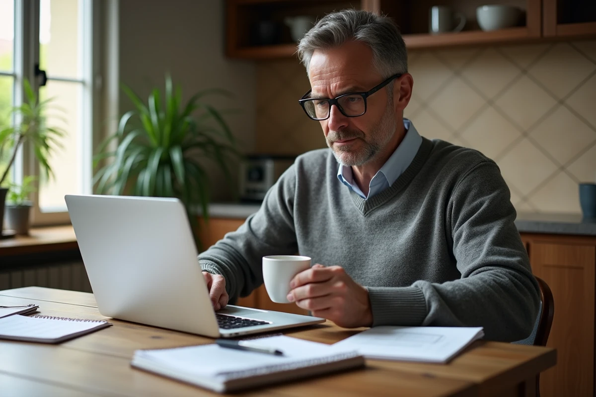 Homme à la maison regardant son ordinateur avec tasse de café