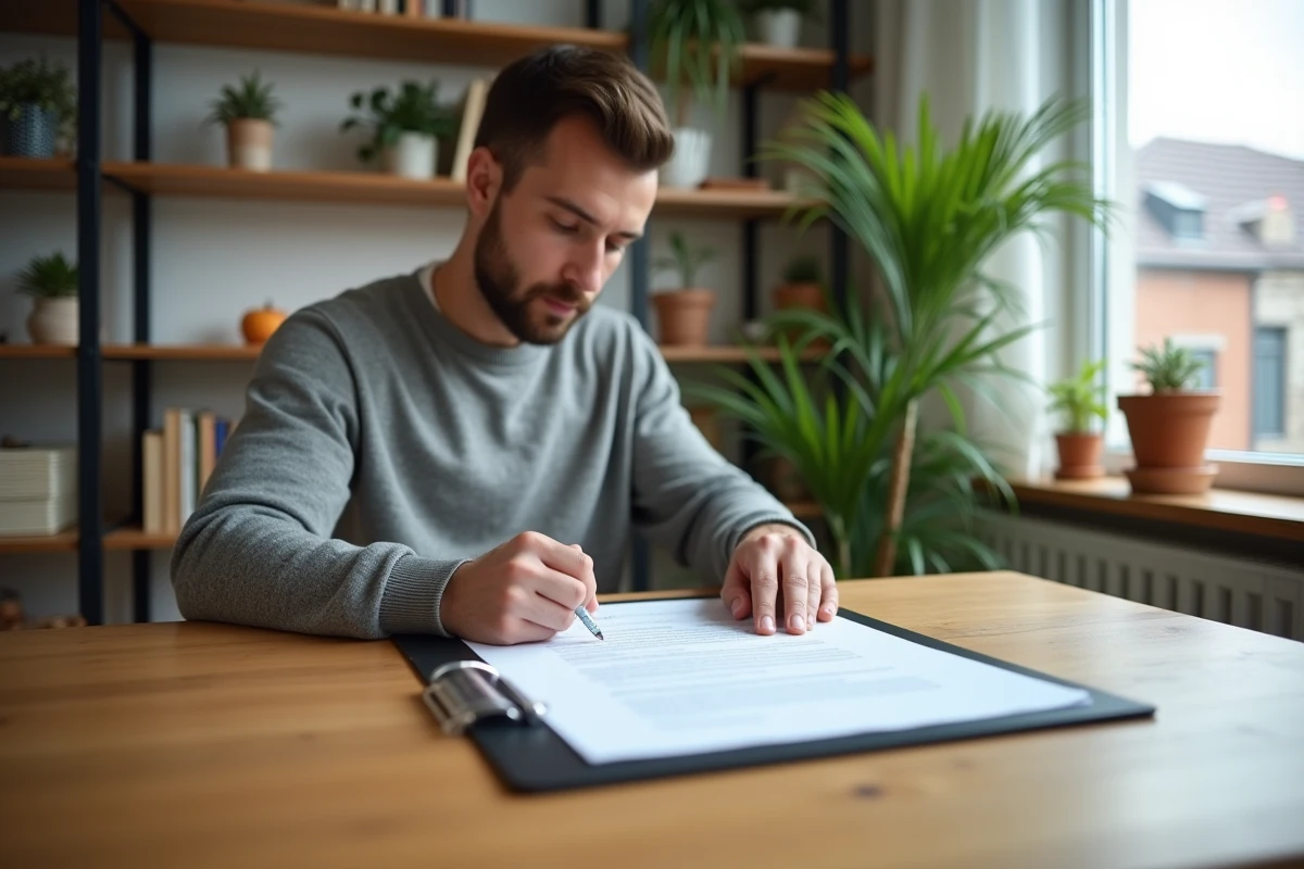Homme organisant papiers de location sur table