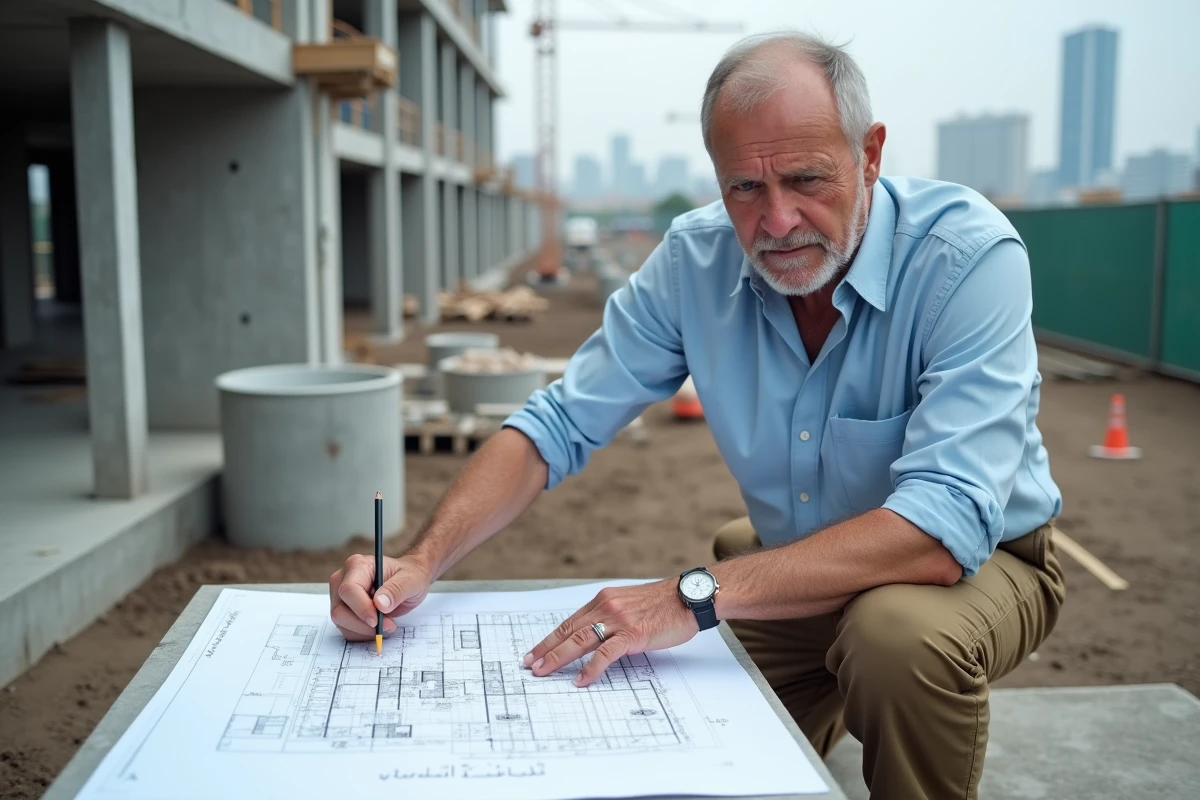 Ingénieur civil étudiant des plans de construction en lien avec les indices de coûts BT47 sur un chantier urbain