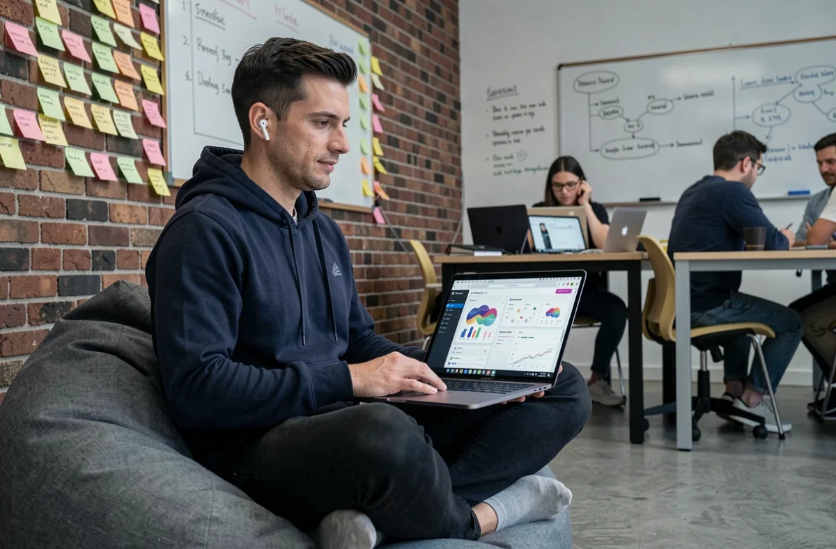 Développeur web consultant des innovations numériques et des tableaux de bord analytiques dans un espace de coworking créatif