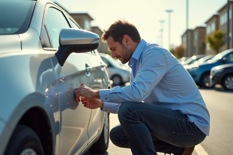 Homme inspectant attentivement une voiture d'occasion dans un parking avant achat